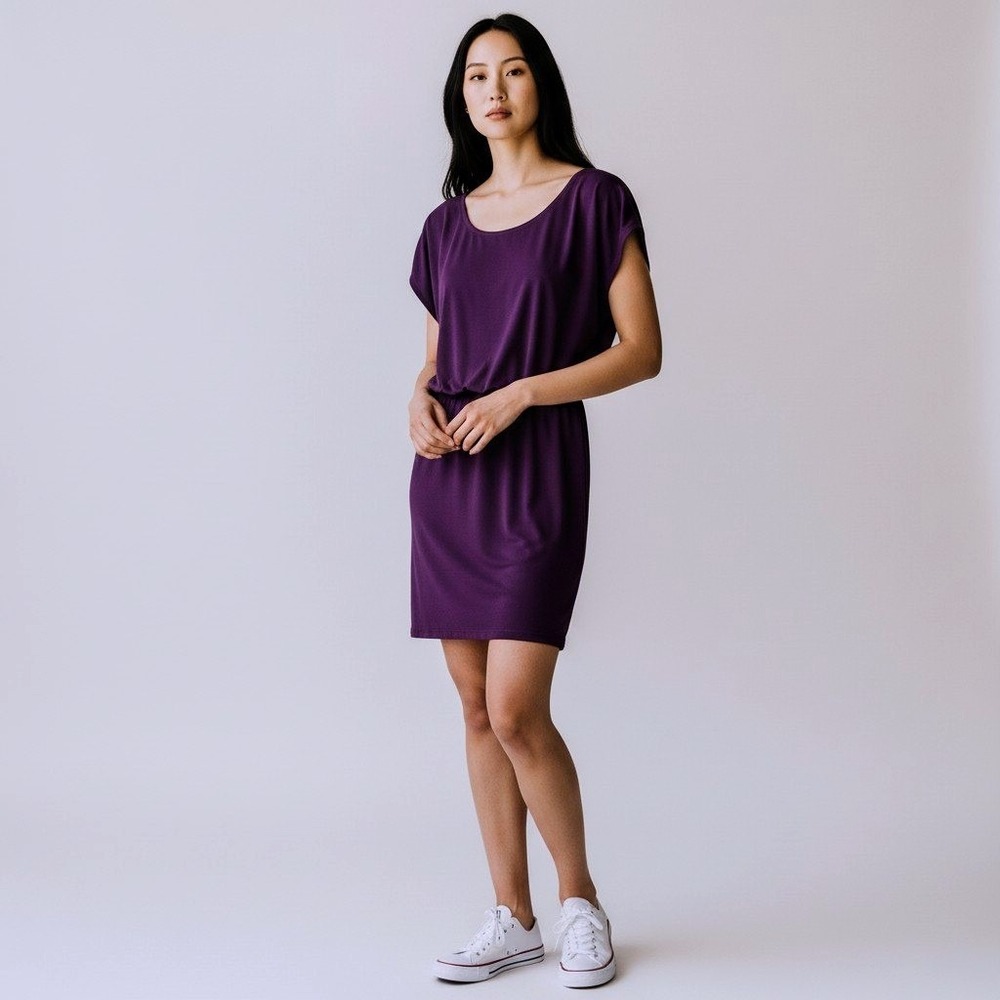 Aqua Size XS‎ Purple Short Sleeve Elastic Waist Polyester Midi Dress